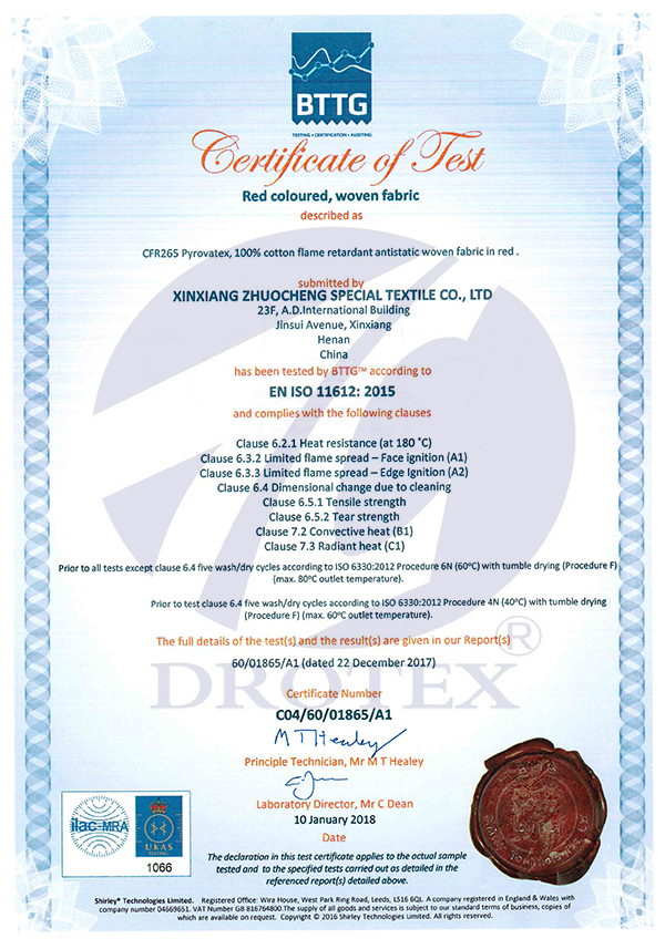 Our CFR265 Pyrovatex has been certified by BTTG