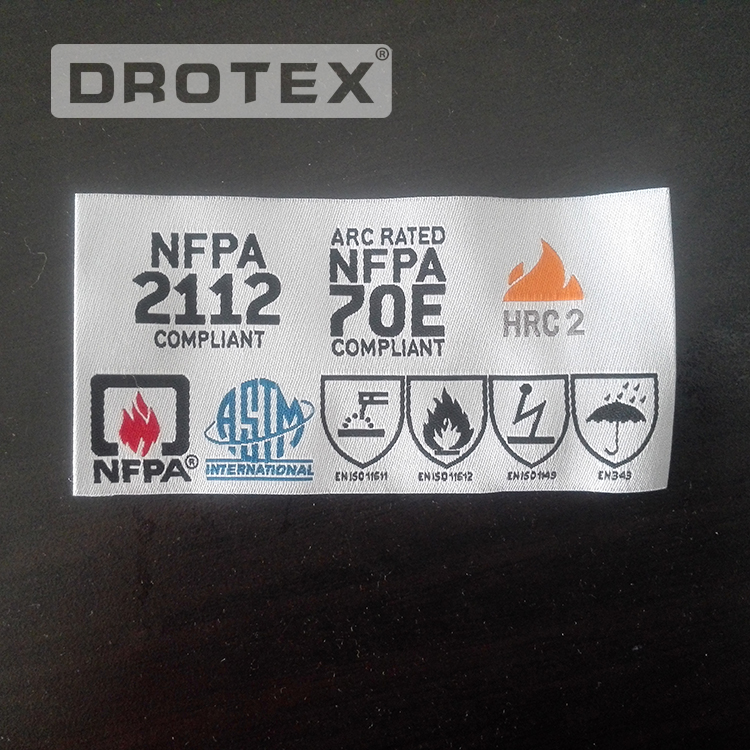 China customized durable washing main sewing woven label for flame retardant clothing
